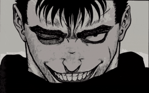 a black and white drawing of a man 's face with a smile on it .