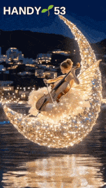 a woman is playing a cello on a crescent moon