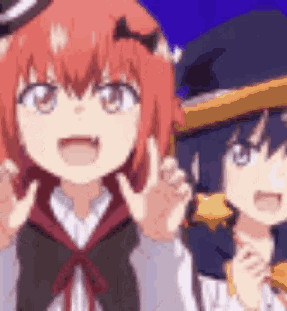 a couple of anime girls are standing next to each other and one of them is wearing a witch hat .