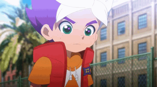 a cartoon character with purple hair and a blue badge on his chest