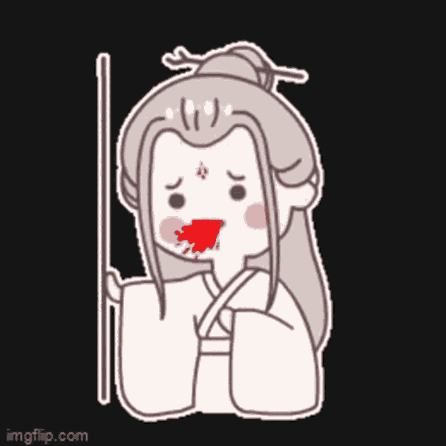 a cartoon of a woman holding a stick with a red circle on her forehead .