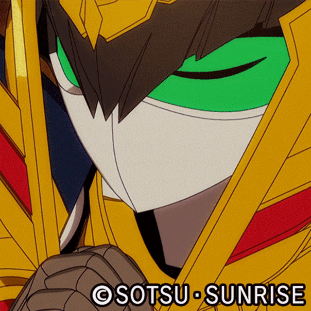 a close up of a robot with the words sotsu sunrise on the bottom right
