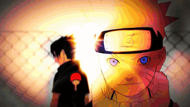 a cartoon drawing of naruto and sasuke standing next to each other with a yellow background