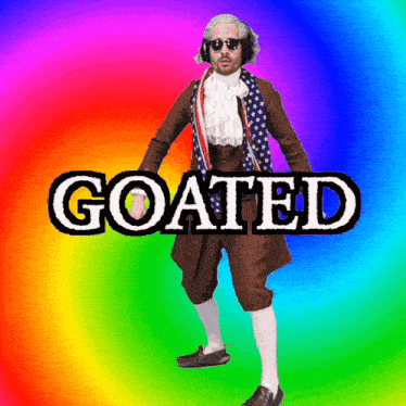 a man in a patriotic costume with the word goated above him