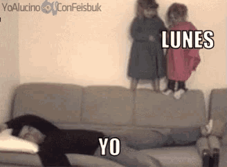 a person laying on a couch with the words yo lunes written on the bottom