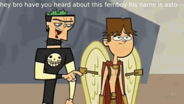 two cartoon characters are standing next to each other and one of them is wearing a costume with wings .