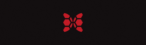 a red logo on a black background with lines