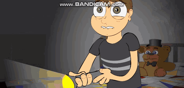 a cartoon of a boy holding a flashlight with the words www.bandicam.com on the bottom