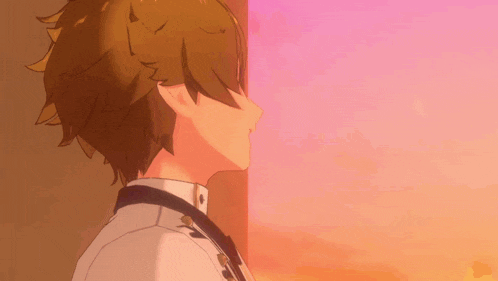a girl with purple hair is standing in front of a sunset