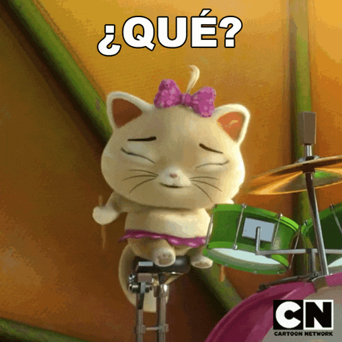 a cartoon cat is sitting on a drum set with a cn logo on the bottom