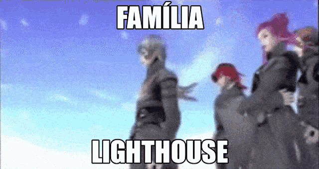 a group of people standing in front of a blue sky with the words familia lighthouse