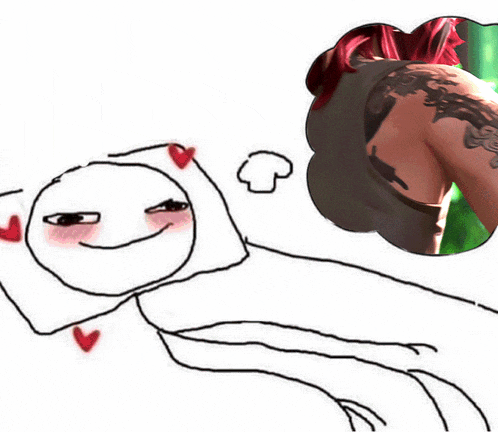a drawing of a person laying on a pillow with hearts around their face