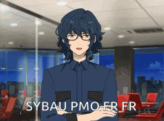 a man with blue hair and glasses says sybau pmo fr fr in an office