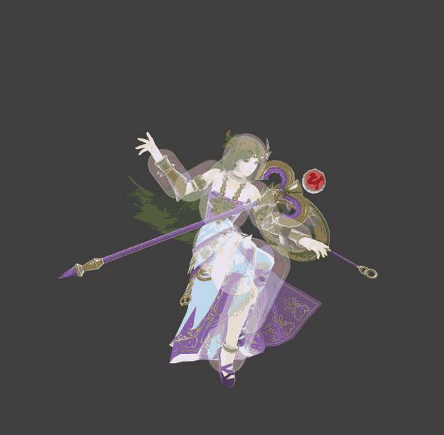 a video game character with a purple spear and the number 3
