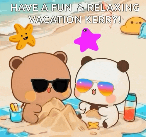 a couple of bears wearing sunglasses are sitting on a sandy beach .