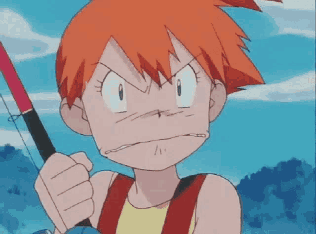 a cartoon girl with orange hair is holding a fishing rod in her hands and making a funny face .