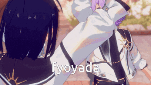 two anime characters are standing next to each other with the word fyoyada on the bottom right