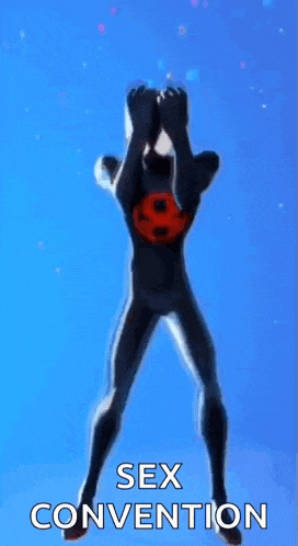 a man in a black suit is dancing with the words `` sex convention '' written on the bottom .