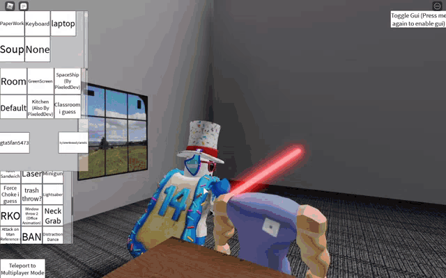 a screenshot of a video game shows a person holding a red laser sword