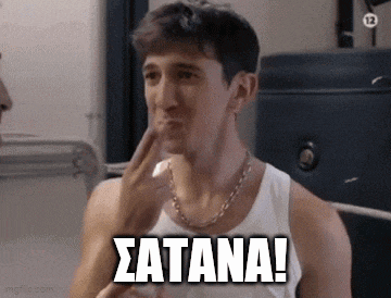 a man in a white tank top is making a funny face with the word satana written on it .