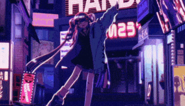 a girl is dancing in front of a sign that says ' n23 '