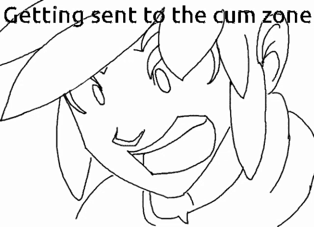 a black and white drawing of a boy with the words getting sent to the cum zone below him