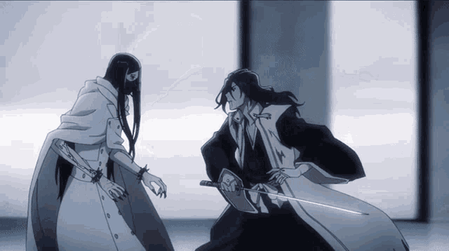 two anime characters are standing next to each other with swords