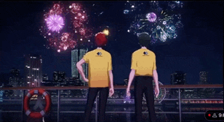 two people standing on a balcony watching fireworks with the number 94 in the corner