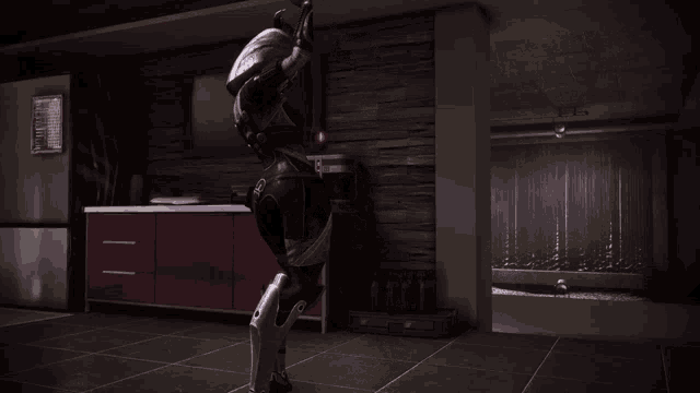 a video game character is standing in a dark room with a sign that says ' lg ' on it