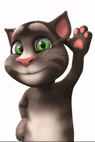 a cartoon cat with green eyes is waving his hand