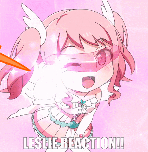 a cartoon drawing of a girl with the words " leslie reaction "