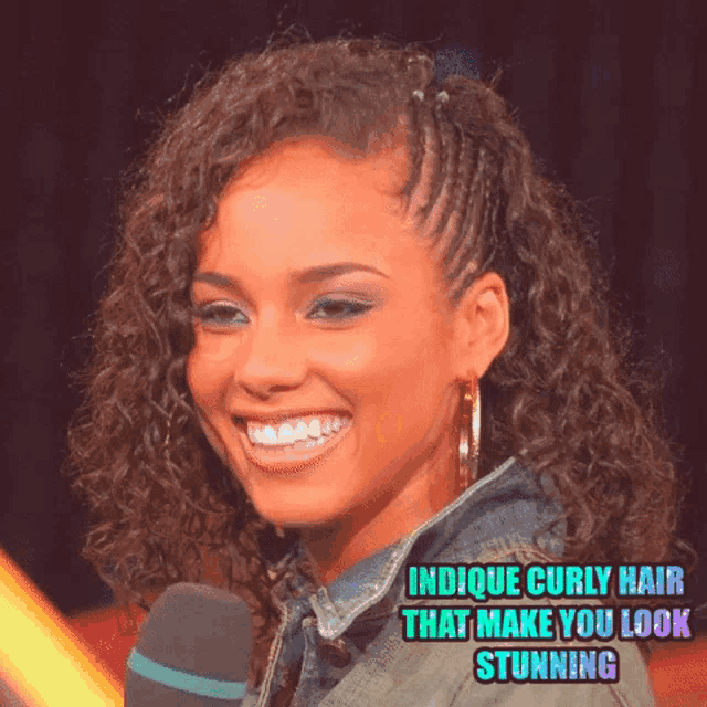 a woman with curly hair is smiling with the caption indique curly hair that make you look stunning below her