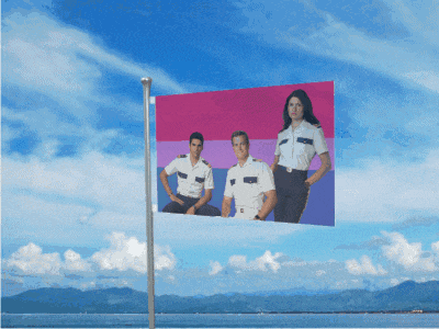 a flag with a picture of a man and two women on it