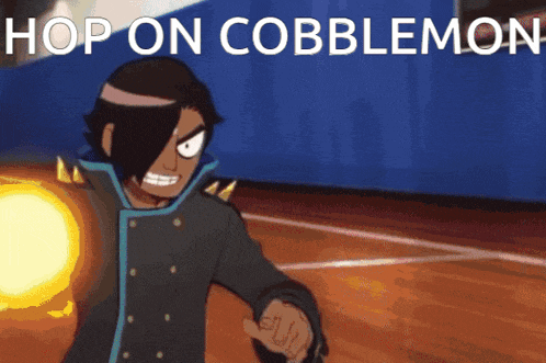 a cartoon character with the words hop on cobblemon written above him