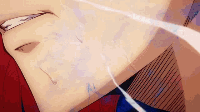 a close up of a person 's face with a white line coming out of it .