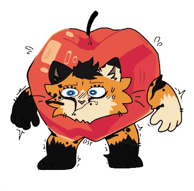 a cartoon drawing of a cat dressed as a heart shaped apple