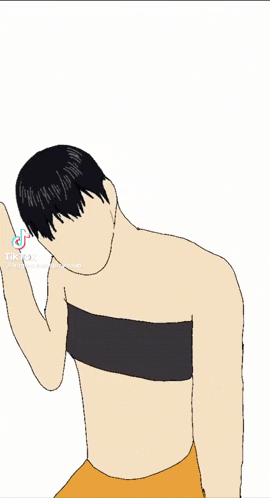 a drawing of a man wearing a black crop top and orange shorts