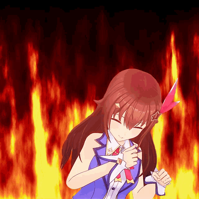 a girl with a red feather on her head is standing in front of a fire background