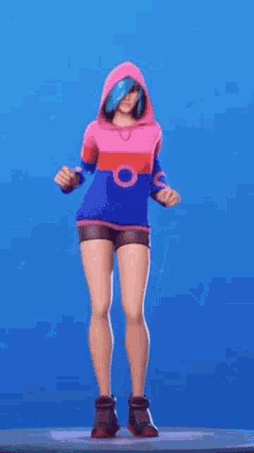 a woman in a pink and blue hoodie and shorts is dancing .