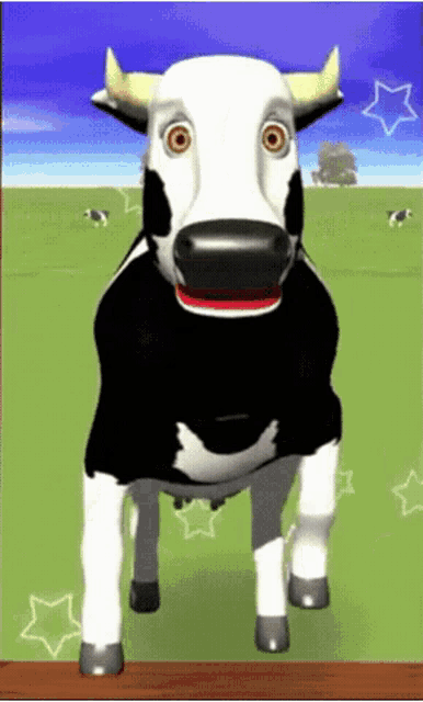 a black and white cow with horns is standing in a field with stars in the background