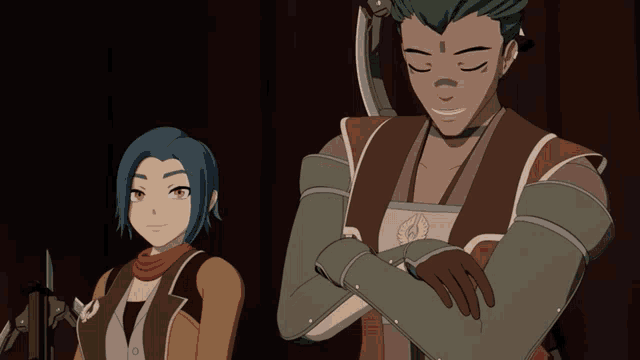 a man with his arms crossed stands next to a woman with blue hair
