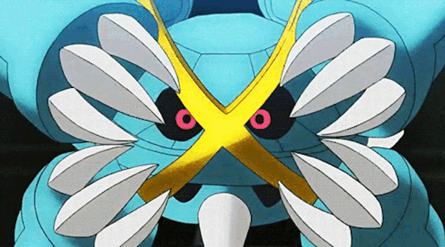 a blue and white cartoon character with a yellow x on its face