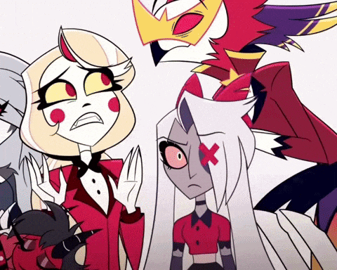 a group of cartoon characters are standing next to each other and one of them has a cross on her face