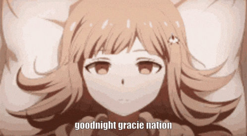 a girl is laying in bed with the words `` goodnight gracie nation '' written on the bottom .