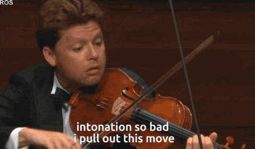 a man in a tuxedo is playing a violin with the words intonation so bad i pull out this move below him