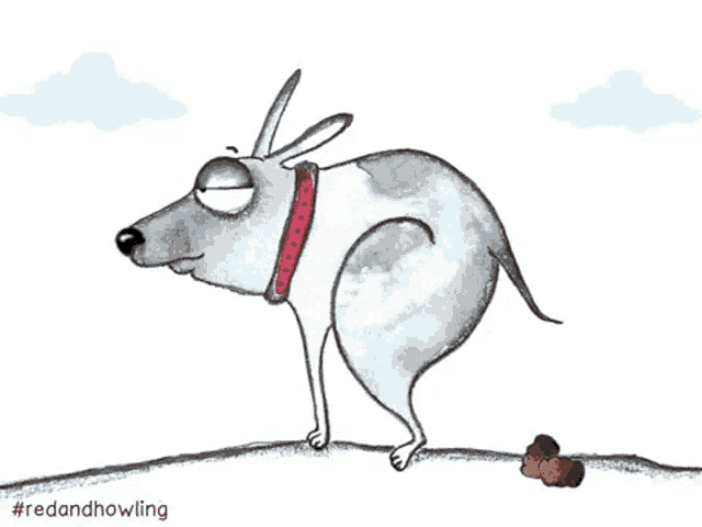 a cartoon dog with a red collar is standing on a hill