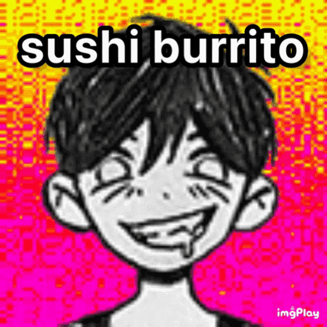 a black and white drawing of a boy with the words sushi burrito written on it