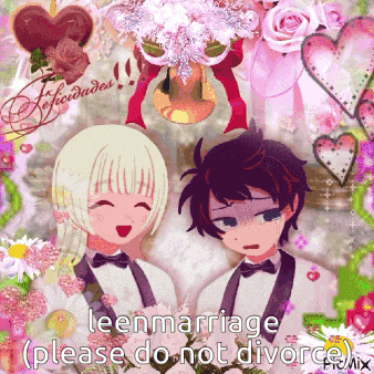 a cartoon of a bride and groom with the words leenmarriage please do not divorce
