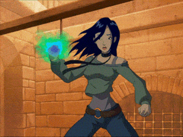 a cartoon of a woman holding a blue cube