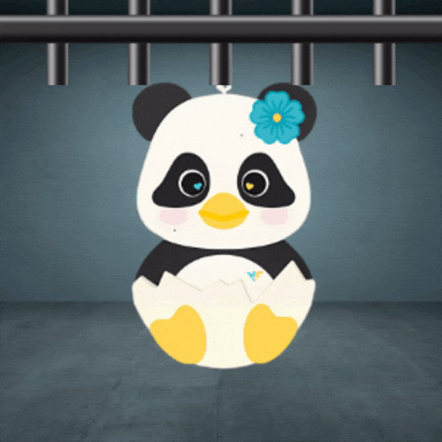 a panda bear with a flower on its head is behind bars